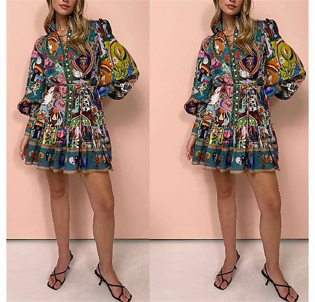 RUZU UG Dirndl Langärmliges, bedrucktes, plissiertes Trägerkleid für Damen günstig online kaufen