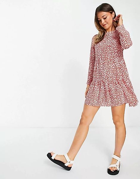 ASOS DESIGN – Gestuftes, langärmliges Mini-Hängerkleid mit Blumenmuster in günstig online kaufen