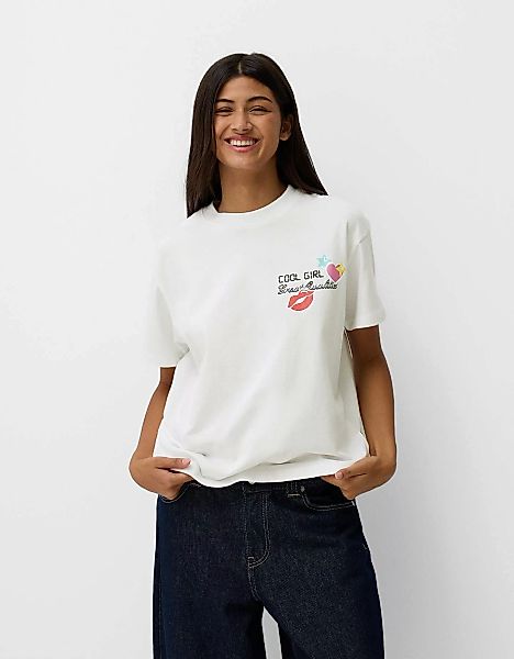 Bershka T-Shirt Mit Print Damen M Rohweiß günstig online kaufen