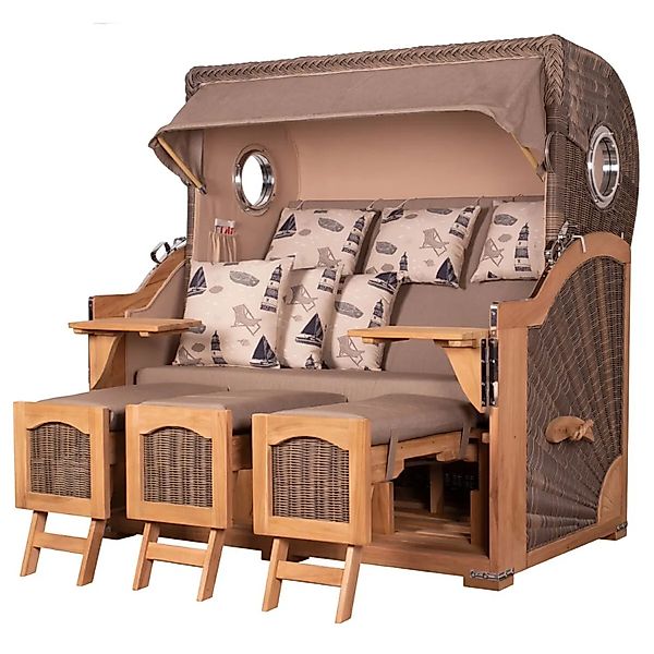 bene,iving Strandkorb Komplettset Ammersee Grande XXL Teak Bullauge PE grau günstig online kaufen
