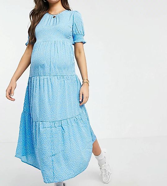 Influence Maternity – Gepunktetes Midikleid mit gestuftem Saum in Blau günstig online kaufen