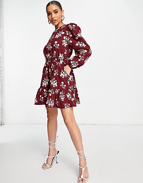 NA-KD – Langärmliges Kleid in Burgunder mit Blumenmuster-Rot günstig online kaufen