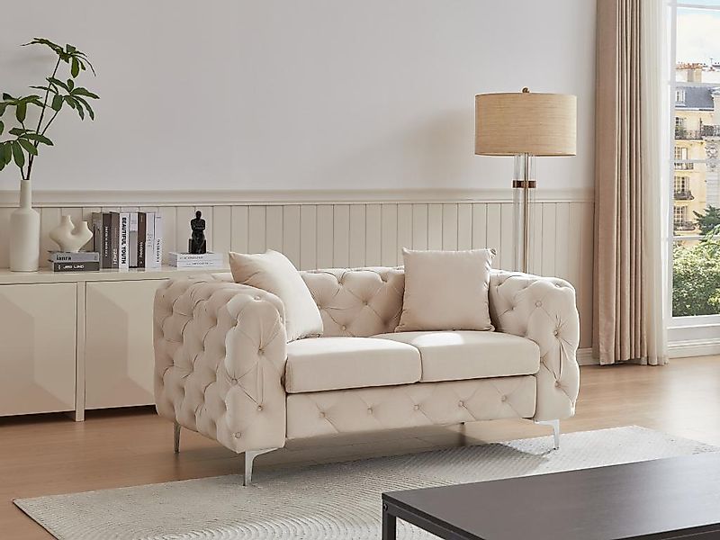 Chesterfield-Sofa 2-Sitzer - Samt - Beige - EDWINA günstig online kaufen