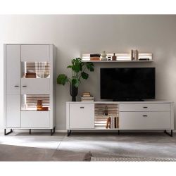 Moderne Wohnzimmerschrankwand in Weiß Wildeichefarben (dreiteilig) günstig online kaufen