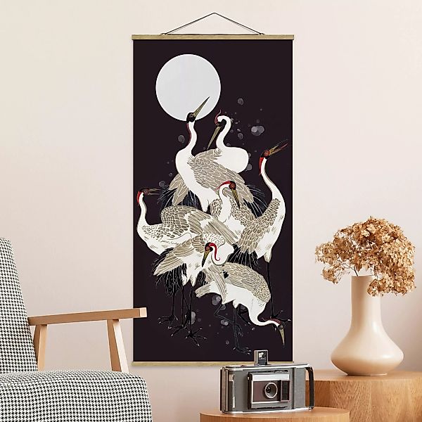 Stoffbild Tiere mit Posterleisten - Hochformat Kraniche vor Mond I günstig online kaufen
