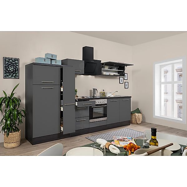 Respekta Premium Küchenzeile 250 cm Grau Hochglanz-Eiche Grau günstig online kaufen