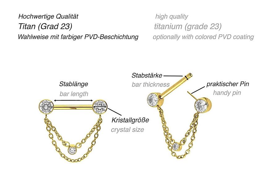 PIERCINGLINE Brustwarzenpiercing Titan Barbell mit Push Fit 2 KETTEN + KRIS günstig online kaufen