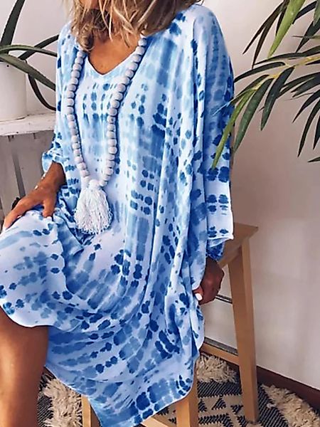 Tie-Dyed Print Langarm V-Ausschnitt Loose Casual Kleid Für Damen günstig online kaufen