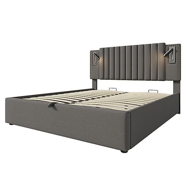 Gotagee Polsterbett Doppelbett Stauraumbett USB Baumwolle Flaches Bett Grau günstig online kaufen