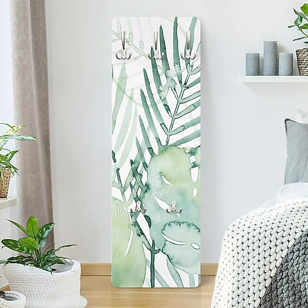 Wandgarderobe Holzpaneel Blumen Palmwedel in Wasserfarbe I günstig online kaufen