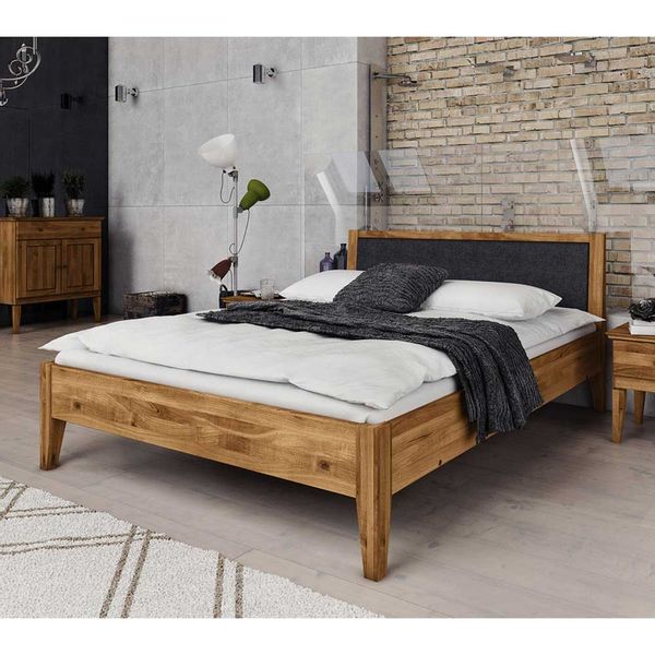 Naturholzbett aus Wildeiche Massivholz gepolstertem Kopfteil in Anthrazit günstig online kaufen