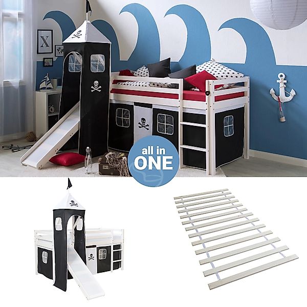 Homestyle4u Hochbett 90x200 mit Vorhang Lattenrost Rutsche Turm in Weiß Pir günstig online kaufen