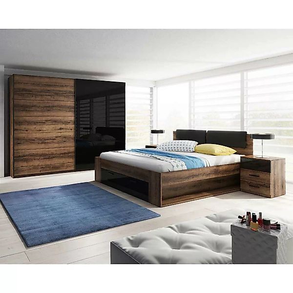 Modernes Schlafzimmerkomplettset in Wildeiche dunkel Schwarz (vierteilig) günstig online kaufen