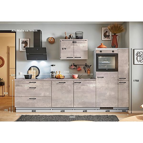 pino Küchenzeile 290cm Beton Perlgrau Anschlag rechts 1 Geräte-. 1 Seitensc günstig online kaufen