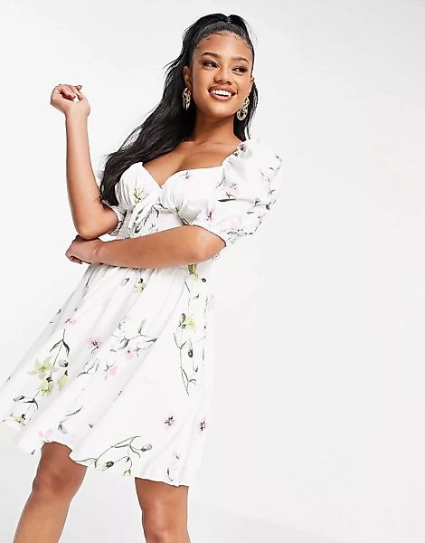 Missguided – Kurzärmeliges Kleid im Folklore-Stil mit Blumenmuster-Weiß günstig online kaufen