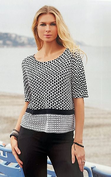 Passioni Strickpullover Kurzarm-Rundhalspullover mit schwarz-weißem geometr günstig online kaufen