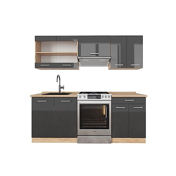 Vicco R-Line Küchenzeile Anthrazit Hochglanz/Goldkraft Eiche 200 cm ohne Ar günstig online kaufen