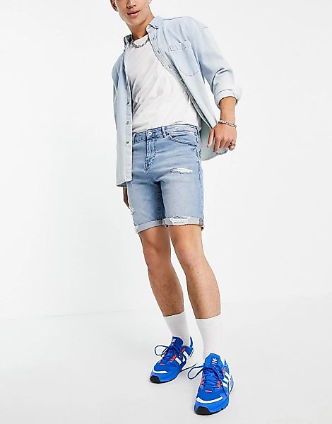 ​​​​​​​Pull&Bear – Schmale Jeansshorts in Blau mit Zierrissen günstig online kaufen