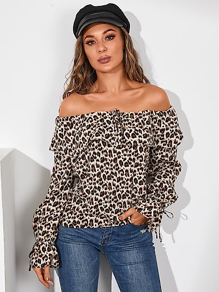 YOINS Braune schulterfreie Bluse mit langen Ärmeln und Leoparden günstig online kaufen