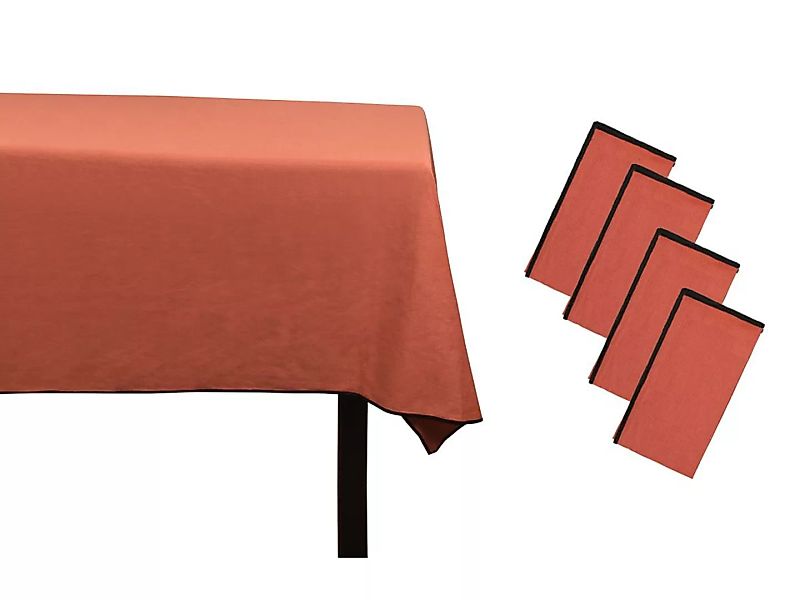 Set Tischdecke + 4 Servietten aus Leinen & Baumwolle - Schwarze Bordüre - T günstig online kaufen