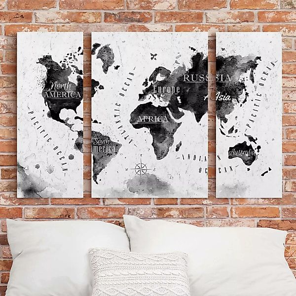 3-teiliges Leinwandbild Aquarell - Querformat Weltkarte Aquarell schwarz günstig online kaufen