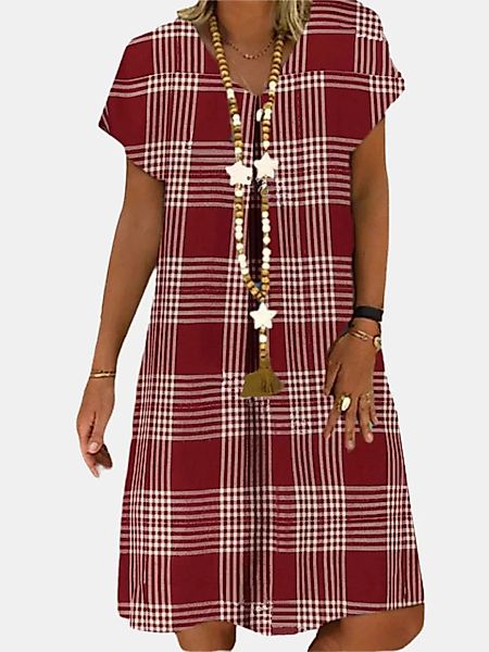 Plaid Kurzarm V-Ausschnitt Casual Midi Kleid günstig online kaufen