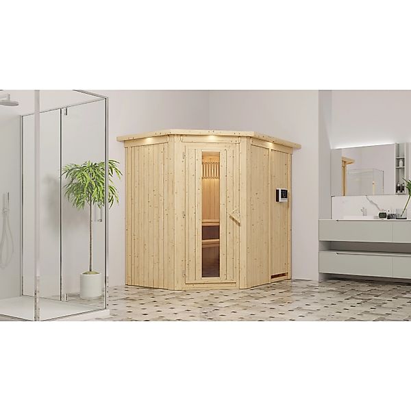 Karibu Sauna Silva mit Ofen externe Stg.Easy LED-Dachkranz Natur günstig online kaufen