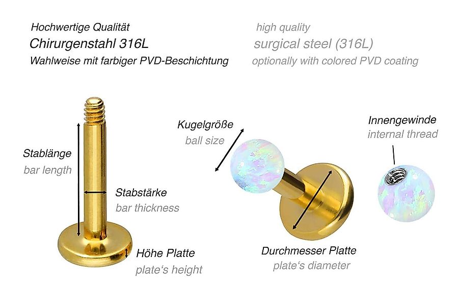 PIERCINGLINE Piercing-Set Chirurgenstahl Labret SYNTHETISCHER OPAL günstig online kaufen