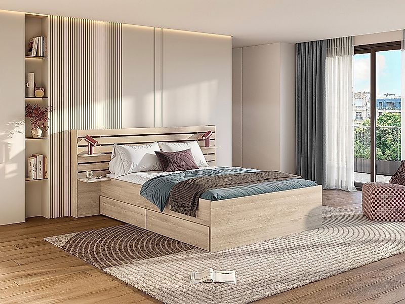 Bett mit Stauraum - 180 x 200 cm + Lattenrost + Matratze - Holzfarben - TEN günstig online kaufen