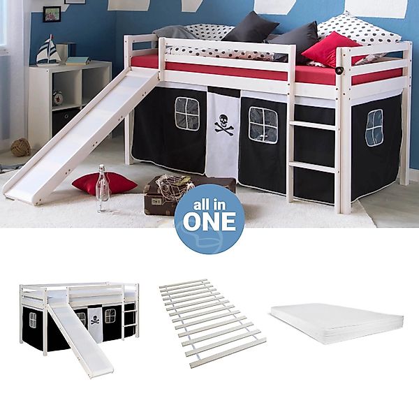 Homestyle4u Hochbett 90x200 mit Vorhang Lattenrost Matratze Rutsche in Weiß günstig online kaufen