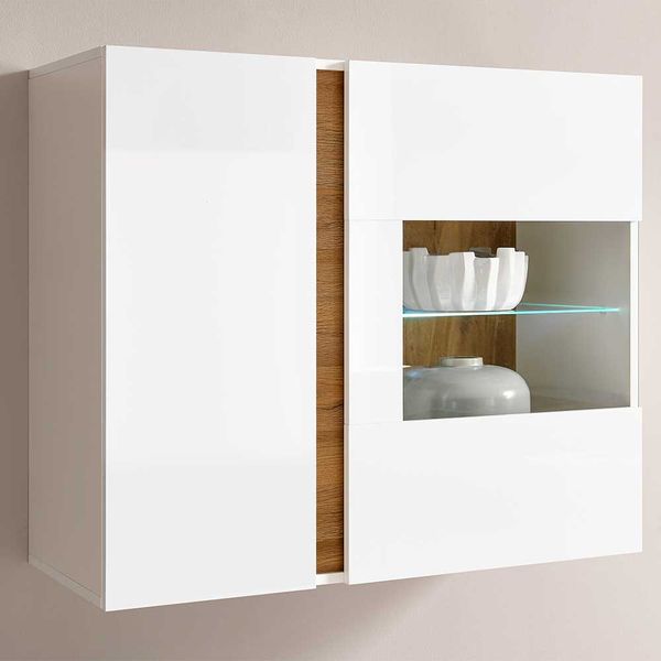 Wohnzimmer Wandvitrine in Weiß und Wildeiche Optik Skandi Design günstig online kaufen