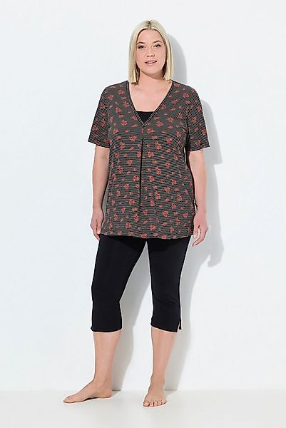 Ulla Popken Pyjama Pyjama V-Ausschnitt Halbarm Caprihose günstig online kaufen