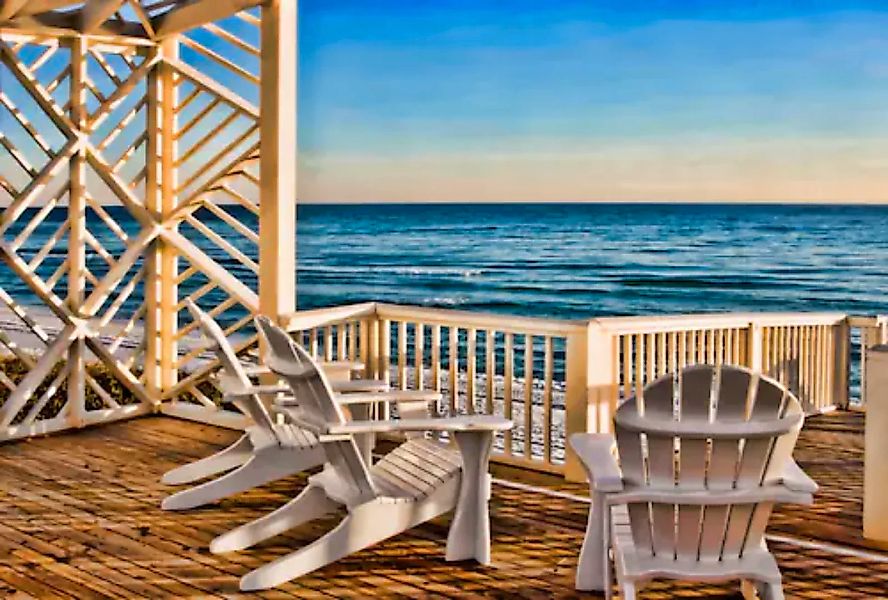 Papermoon Fototapete »TERRASSE-SEE MEER STRAND PALMEN DÜNEN KARIBIK SÜDSEE« günstig online kaufen