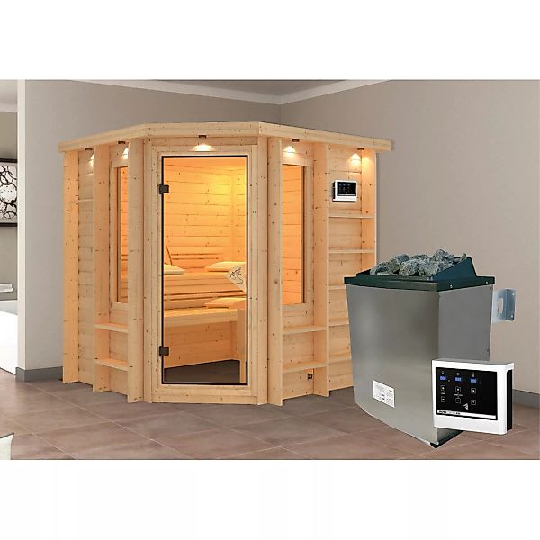 Karibu Sauna-Set Caya inkl. Edelstahl-Ofen 9 kW mit ext. Steuerung, Dachkra günstig online kaufen
