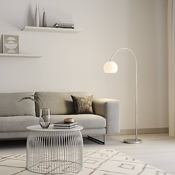 Lindby Bogenlampe Cynthia, nickelfarben, Glas, 140 cm, E27 günstig online kaufen