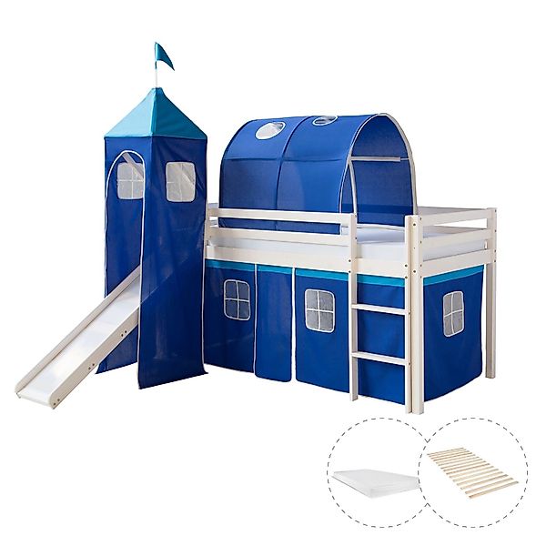 Homestyle4u Hochbett 90x200 mit Vorhang Lattenrost Matratze Rutsche Tunnel günstig online kaufen