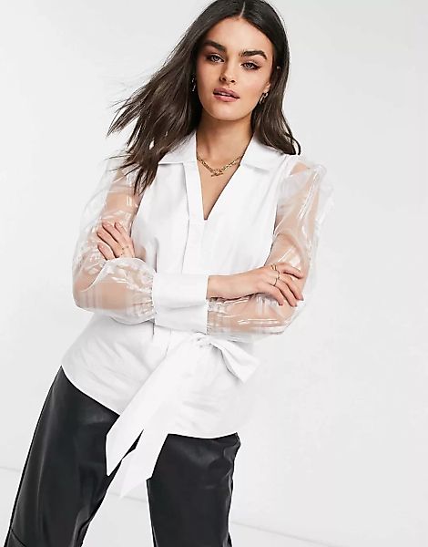 River Island – Popeline-Bluse in Weiß zum Binden vorne mit Organza-Ärmeln günstig online kaufen