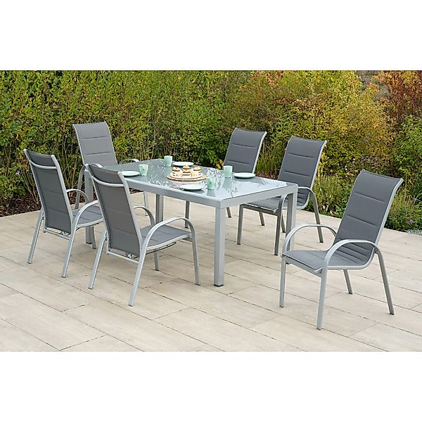 Merxx Amalfi Set 7 -tlg. 6 Stapelsessel Gartentisch 190 x 100 cm Grau günstig online kaufen