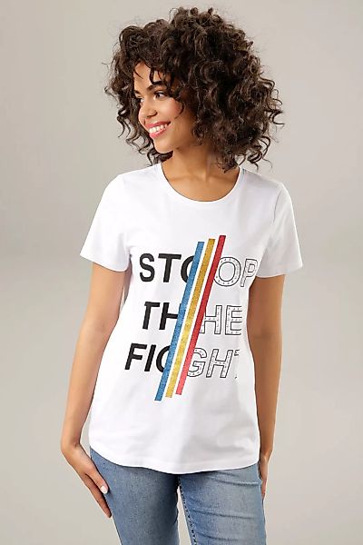Aniston CASUAL Print-Shirt, mit bunten Glitzerstreifen, Nieten und Schriftz günstig online kaufen