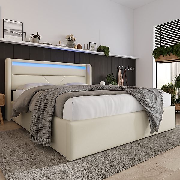 Doppelbett, mit hydraulisches System, LED-Beleuchtung mit Fernbedienung, ge günstig online kaufen