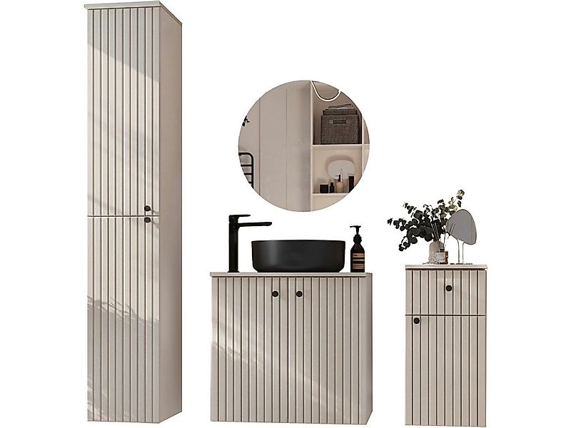 MOEBLINE Badezimmer-Set Badmöbel Set ASTRO kaschmir 4tlg. mit Spiegel LAMEL günstig online kaufen
