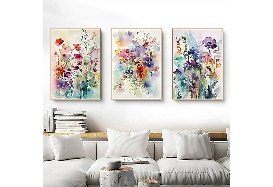 Herfair Leinwandbild Bilder Wohnzimmer 3er Set Bunt Blumen Aesthetic Leinwa günstig online kaufen