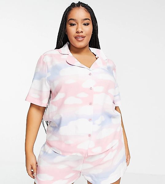 ASOS DESIGN Curve – Kurzer Pyjama aus Modal mit Wolkenmuster in Rosa, Blau günstig online kaufen