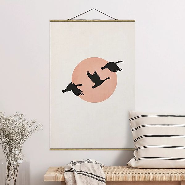 Stoffbild mit Posterleisten Vögel vor rosa Sonne III günstig online kaufen
