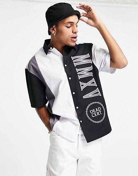Topman ‑ Oversize-Hemd mit Streifen und Collegeprint in Grau und Weiß-Mehrf günstig online kaufen