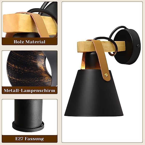 Nettlife Wandleuchte Schwarz Holz Vintage E27 günstig online kaufen