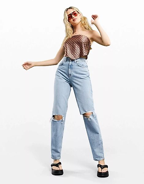 ASOS DESIGN – Legere Mom-Jeans in Stonewashed mit hohem Bund und Zierrissen günstig online kaufen