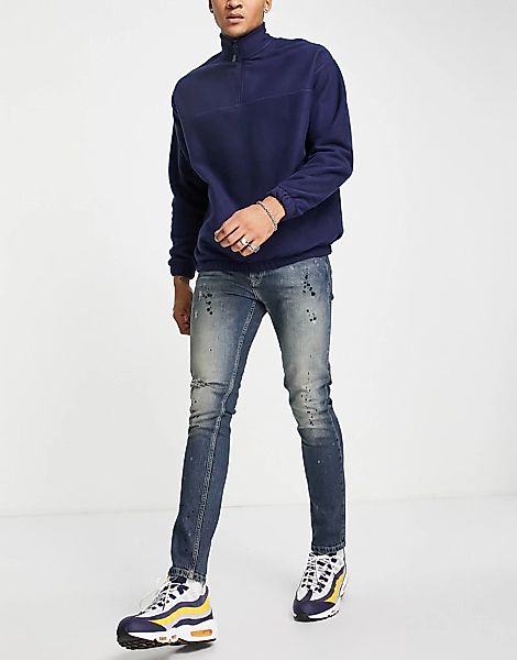 Topman – Enge Stretch-Jeans mit Farbspritzern und Zierrissen in mittlerer W günstig online kaufen