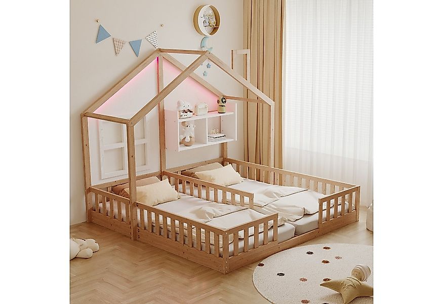 Merax Kinderbett 90×200cm Bodenbett mit LED-Licht, Jugendbett im Hausdesign günstig online kaufen