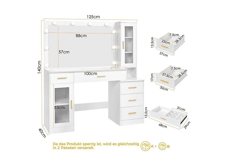 BEWISHOME Schminktisch mit Glasplatte, 3-Modi LED-Spiegel & integrierte Lad günstig online kaufen